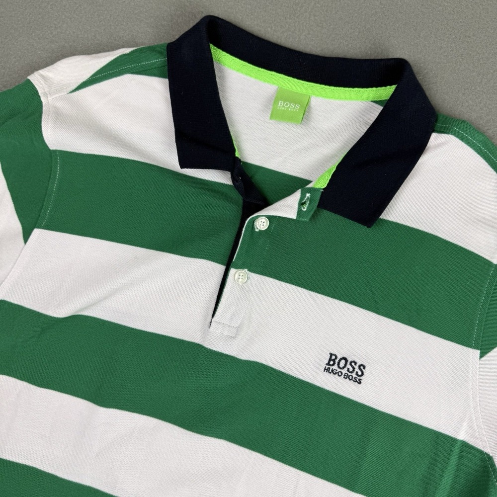 HUGO Boss Polo Shirt Slim Fit Mens 2XL XXL Green White Short Sleeve Front Logo‎
